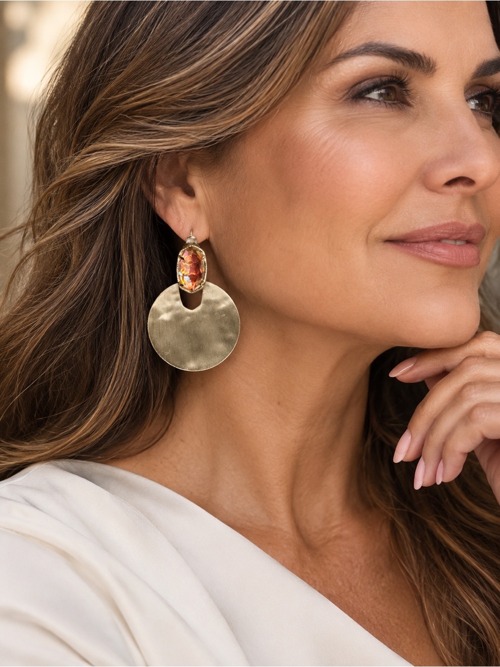 Kendra Scott Peach Iridescent Multicolor Stone Hammered Disc Drop Earrings